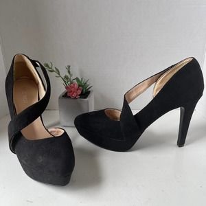 NINE WEST Saskia Strappy Platform Heels Stiletto Pumps Shoes Black Suede Leather